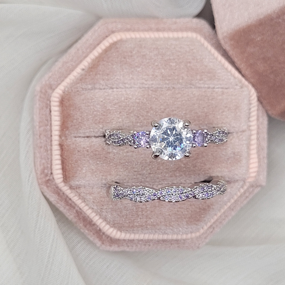 Round-Cut Diamond and Lavender Sapphire Bridal Set in White Gold